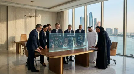 A group of business people in formal attire stand around a conference table with a futuristic holographic display, in a modern office with a cityscape view.