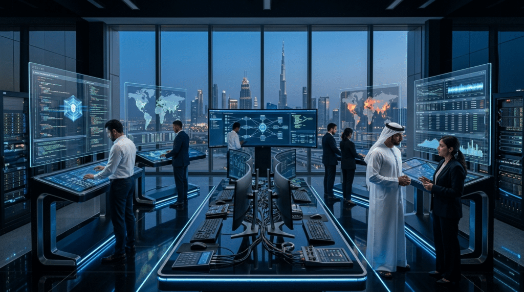 People collaborating in a high-tech control room with large digital screens, overlooking a city skyline at dusk.