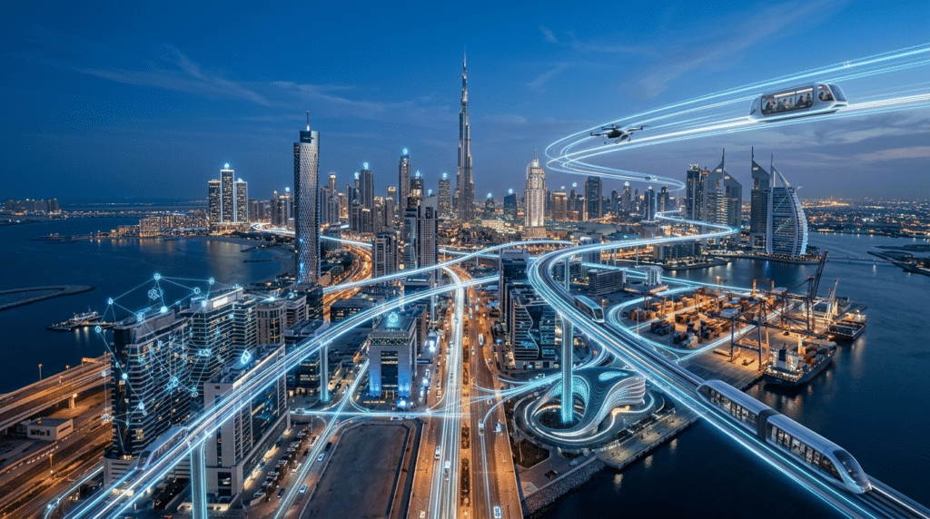 Futuristic cityscape with light trails and skyscrapers, featuring a prominent tall building in the center at dusk.