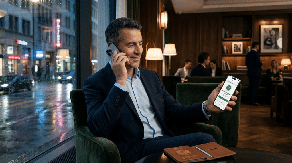 A man in a suit smiles while holding a smartphone displaying a green UAE Golden Visa app screen, sitting in a stylish indoor café with window views.