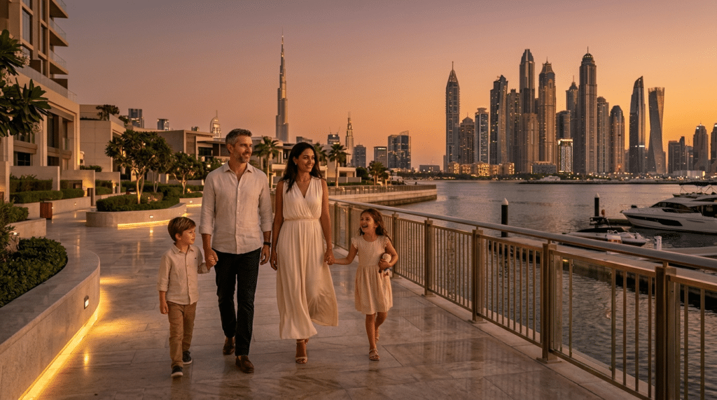 A family of four walks along a waterfront promenade at sunset, with a city skyline and modern skyscrapers in the background.