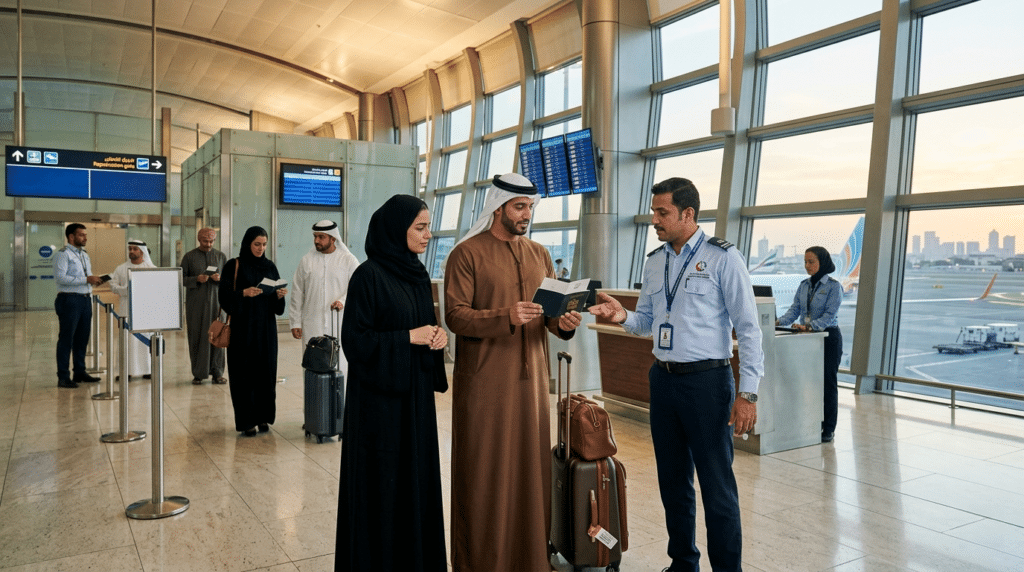 People in traditional attire at an airport terminal, interacting with a staff member at a checkpoint near large windows.
