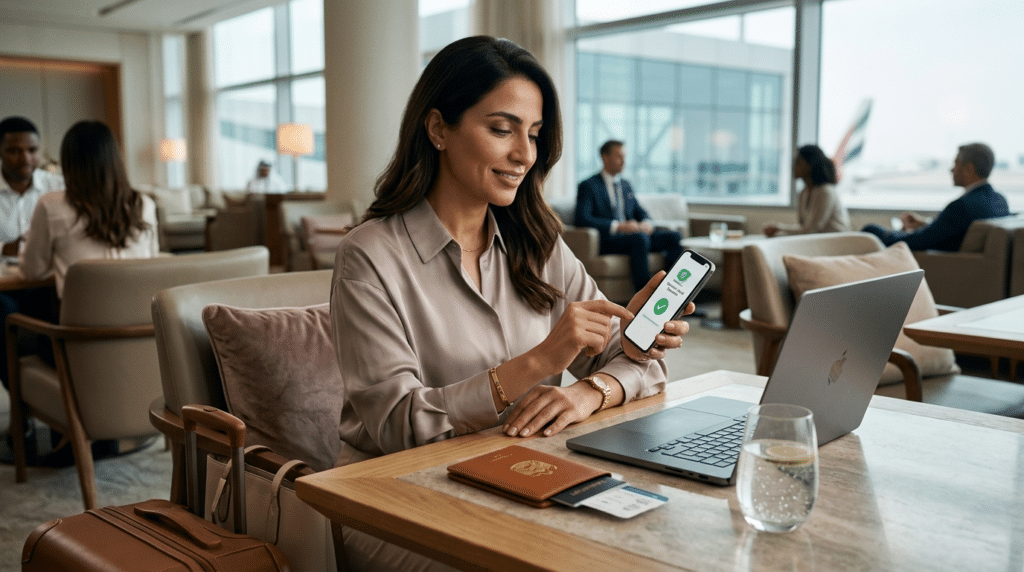 A woman in a lounge uses a smartphone while sitting at a table with a laptop, UAE Golden Visa, passport, and boarding pass.