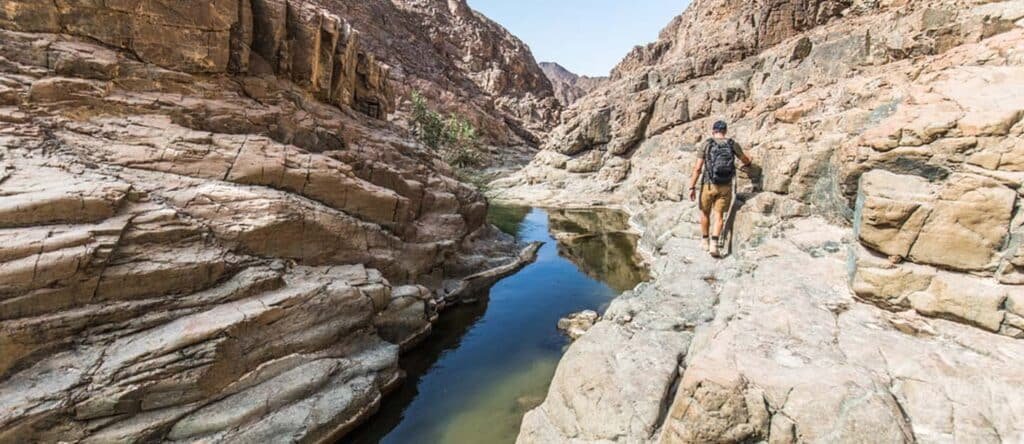 A person hikes along a rocky canyon path beside a narrow stream under a clear blue sky.