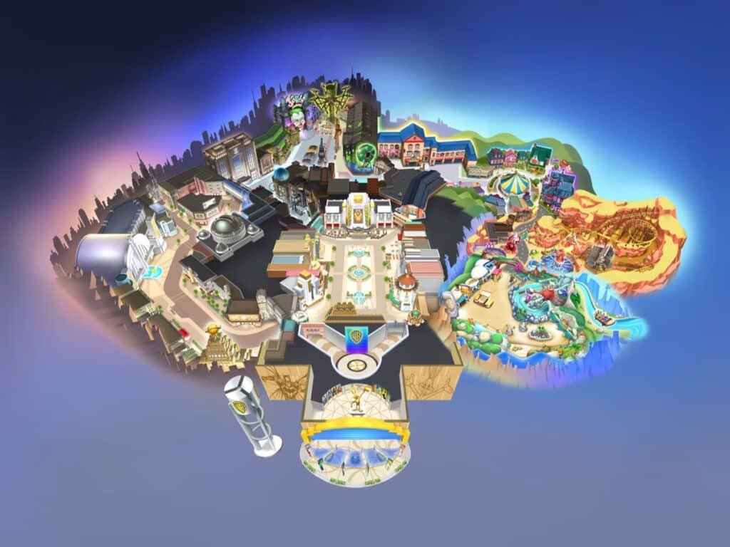 Colorful map of a theme park with distinct themed zones, including a futuristic area, a tropical zone, and a carnival section.