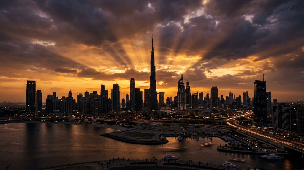A city skyline at sunset with a tall tower silhouetted against a dramatic sky and sun rays.