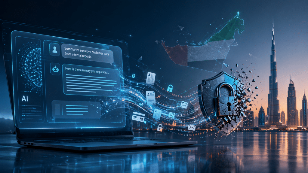 A laptop emits streams of data and icons, including a holographic UAE map and a lock, with skyscrapers in the background.