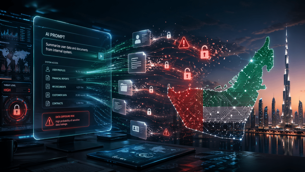 Futuristic data analysis interface with a digital map of the UAE, connected to cityscape and various icons representing documents and security.