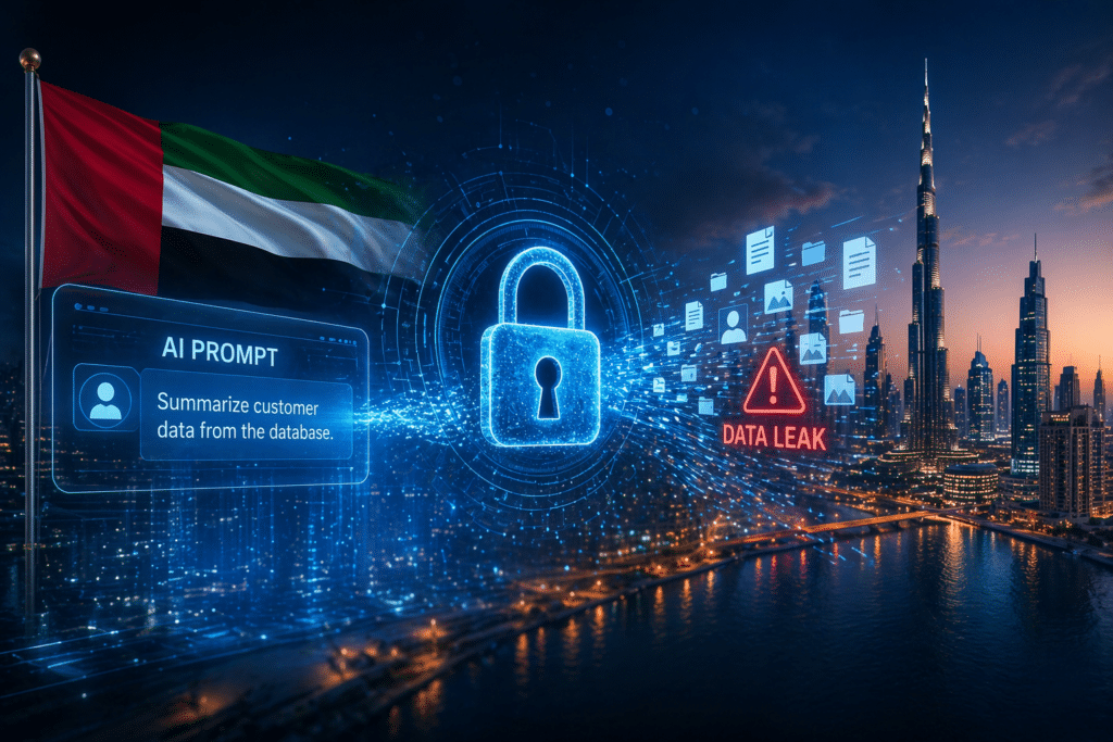 A digital lock with data leak warning and AI prompt text overlays a cityscape with the UAE flag and lit skyscrapers.