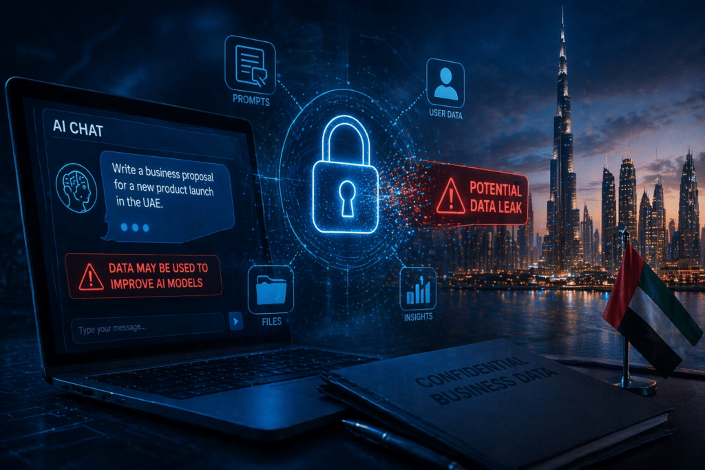 A laptop displays a chat interface about writing a business proposal, surrounded by data protection icons and the Dubai skyline at night.