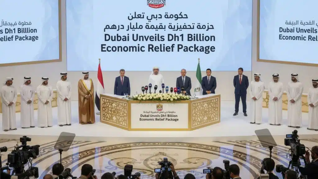 A group of officials stands at a podium during a press conference announcing Dubai's Dh1 billion economic relief package, with numerous cameras in the foreground.