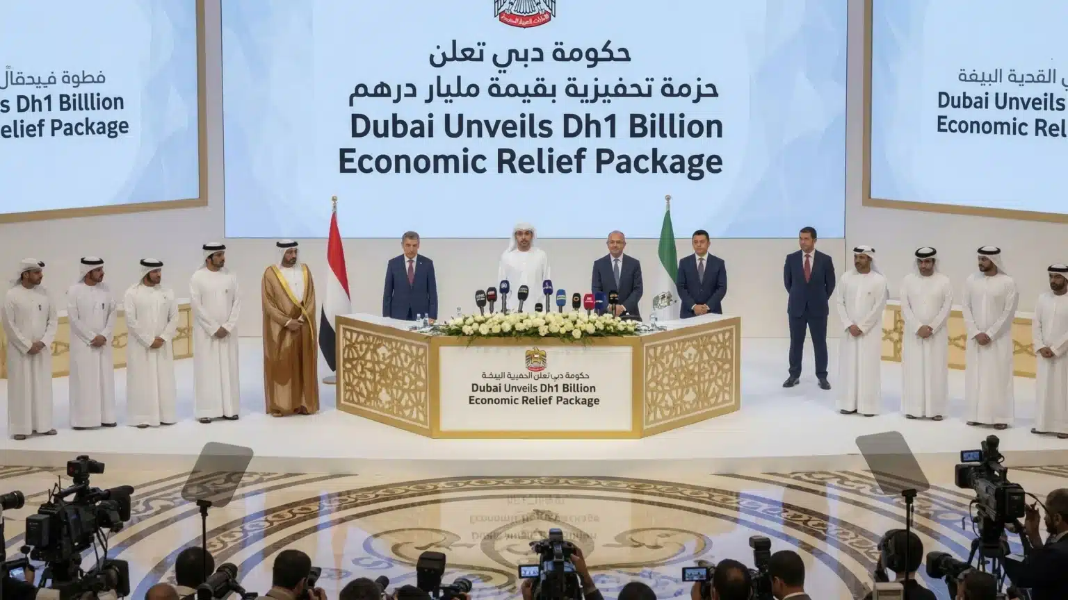 A group of officials stands at a podium during a press conference announcing Dubai's Dh1 billion economic relief package, with numerous cameras in the foreground.