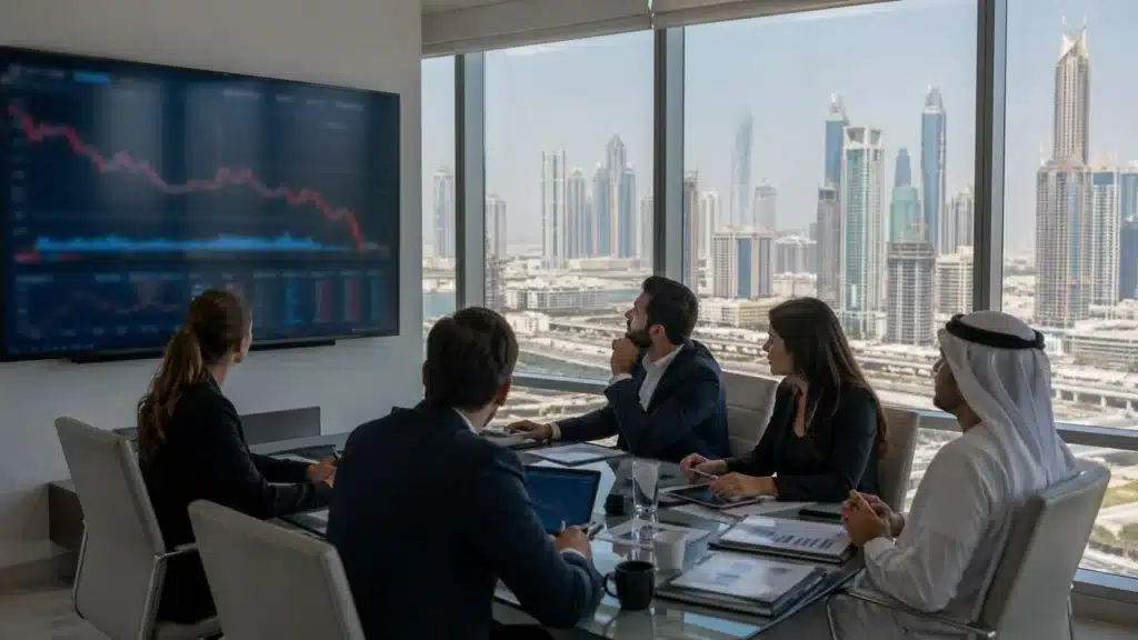 People in business attire sit in a conference room watching a screen displaying a declining Dubai Home Prices graph, with a city skyline visible outside.