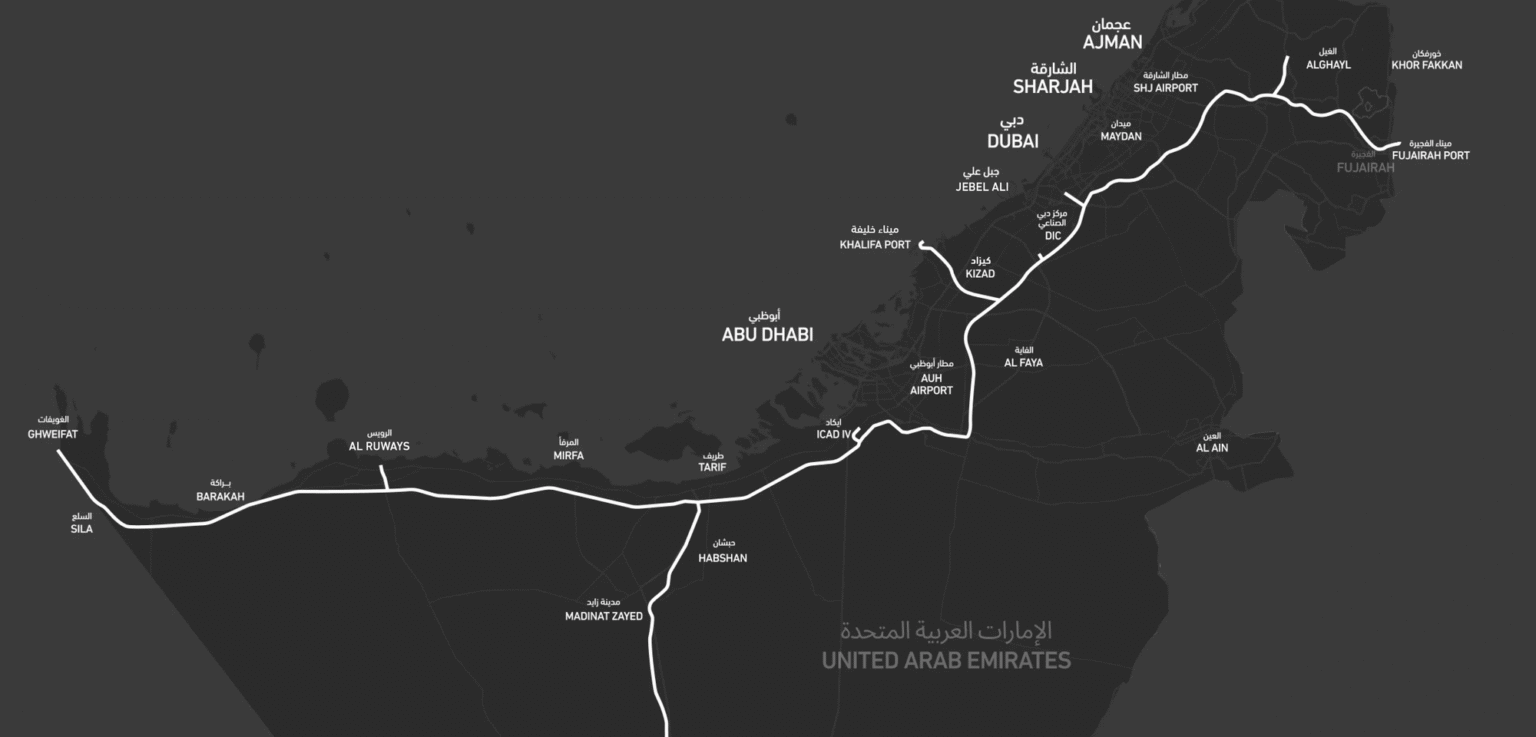 Map of the United Arab Emirates showing major roads and cities including Abu Dhabi, Dubai, and Sharjah, labeled in Arabic and English.