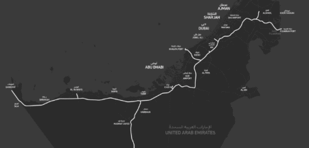 Map of the United Arab Emirates showing major roads and cities including Abu Dhabi, Dubai, and Sharjah, labeled in Arabic and English.