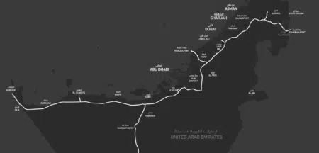 Map of the United Arab Emirates showing major roads and cities including Abu Dhabi, Dubai, and Sharjah, labeled in Arabic and English.