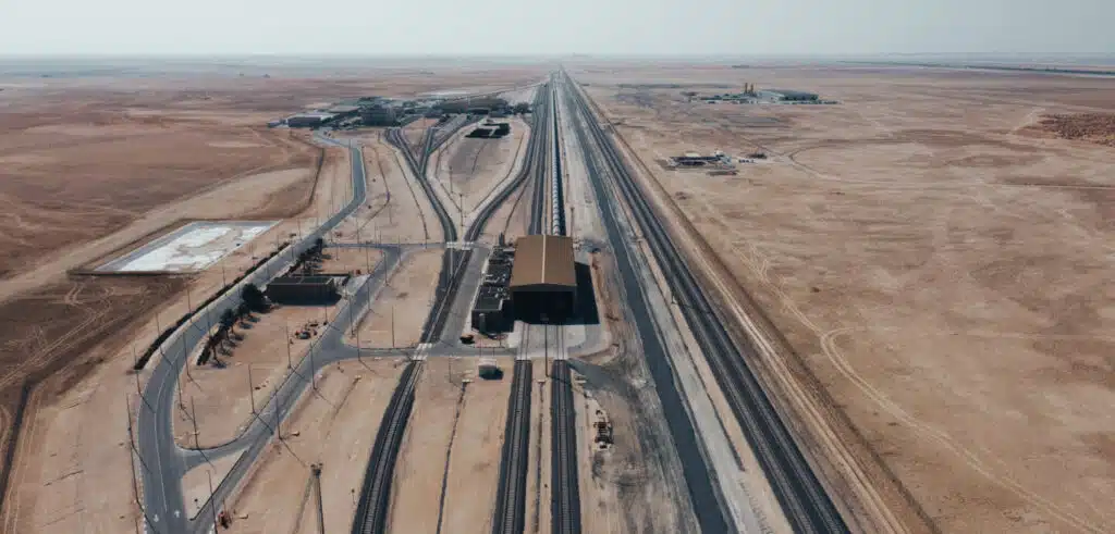 Aerial view of a vast desert landscape with a Etihad Rail Full List Of Stations yard featuring multiple tracks, buildings, and surrounding barren terrain.