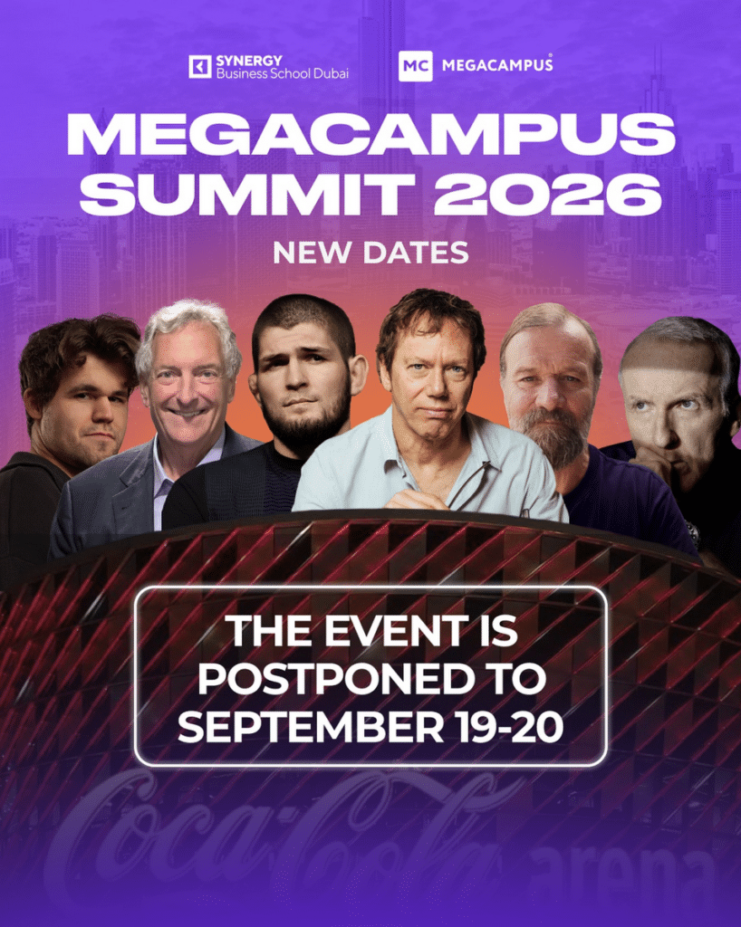 Promotional poster for the Megacampus Summit 2026, announcing new dates, September 19-20, with six people pictured.