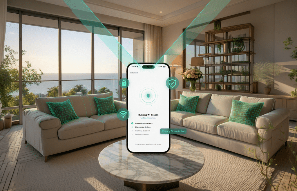 A smartphone displays a security app screen in a modern living room with two sofas, large windows, and a sea view.