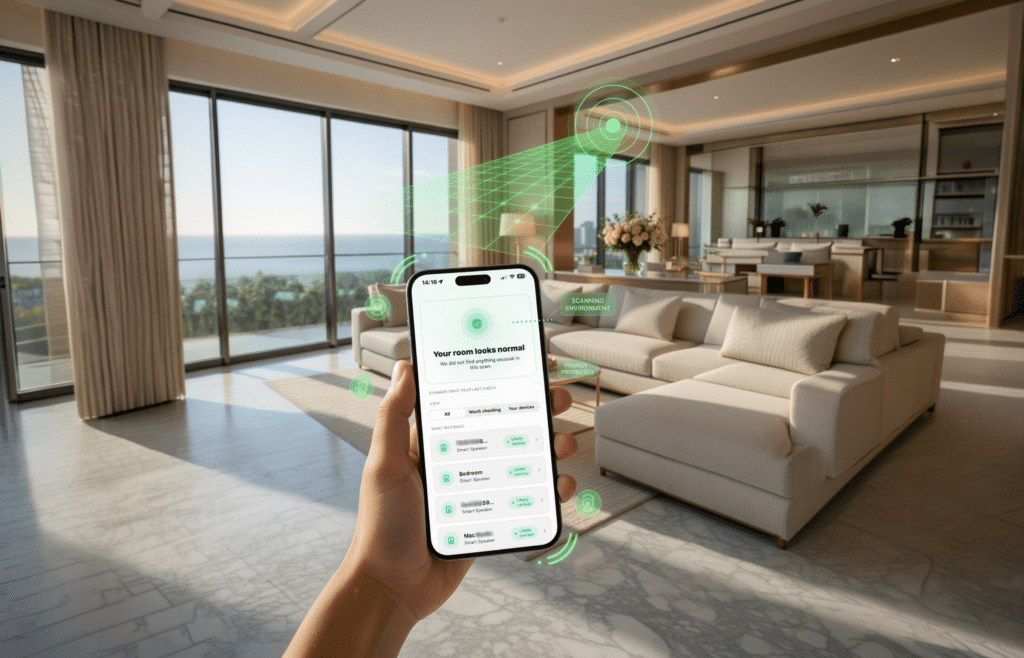 A person holding a smartphone showing app controls for a modern, spacious living room overlooking a scenic ocean view.