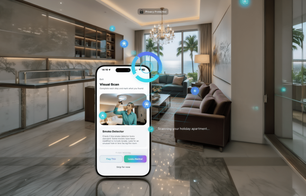 A smartphone screen displaying a home safety app is overlaid on a modern living room with ocean views.
