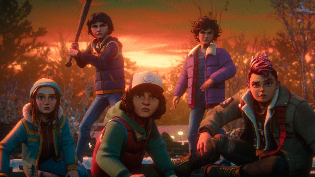 Stranger Things: Tales From '85': A group of animated teenagers in winter clothing look serious, sitting and standing in a snowy landscape with a sunset sky.
