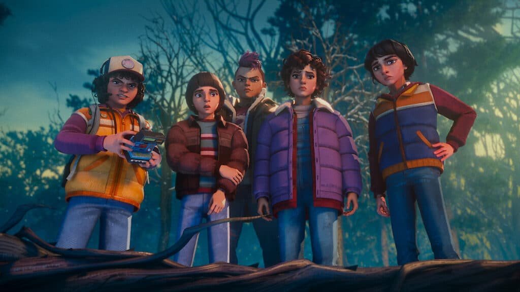Stranger Things: Tales From '85': Five animated characters stand together in a wooded area, each wearing colorful jackets, looking intently at something.