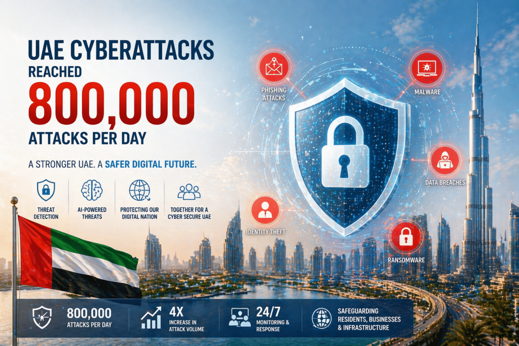 Infographic on cyberattacks in UAE, highlighting 800,000 daily attacks with graphics of locks and threats like phishing and malware.