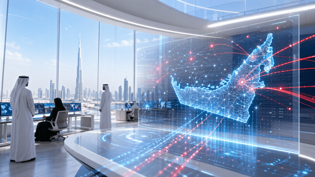 People in traditional attire in a modern office with digital UAE Cyberattacks map projection, overlooking a city skyline with a tall tower.