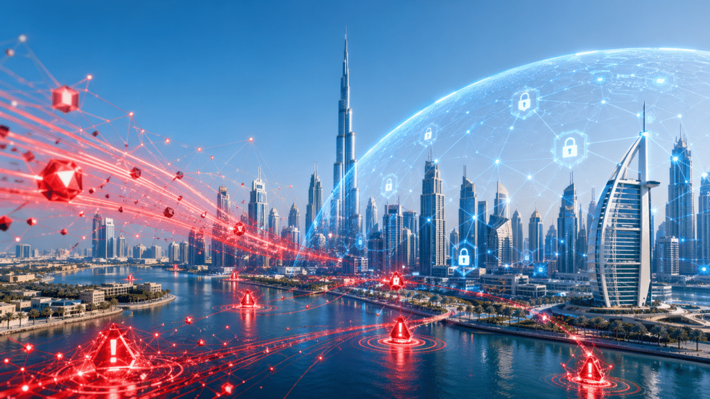 A futuristic skyline with digital network elements over Dubai, featuring tall skyscrapers and a prominent globe with security icons.