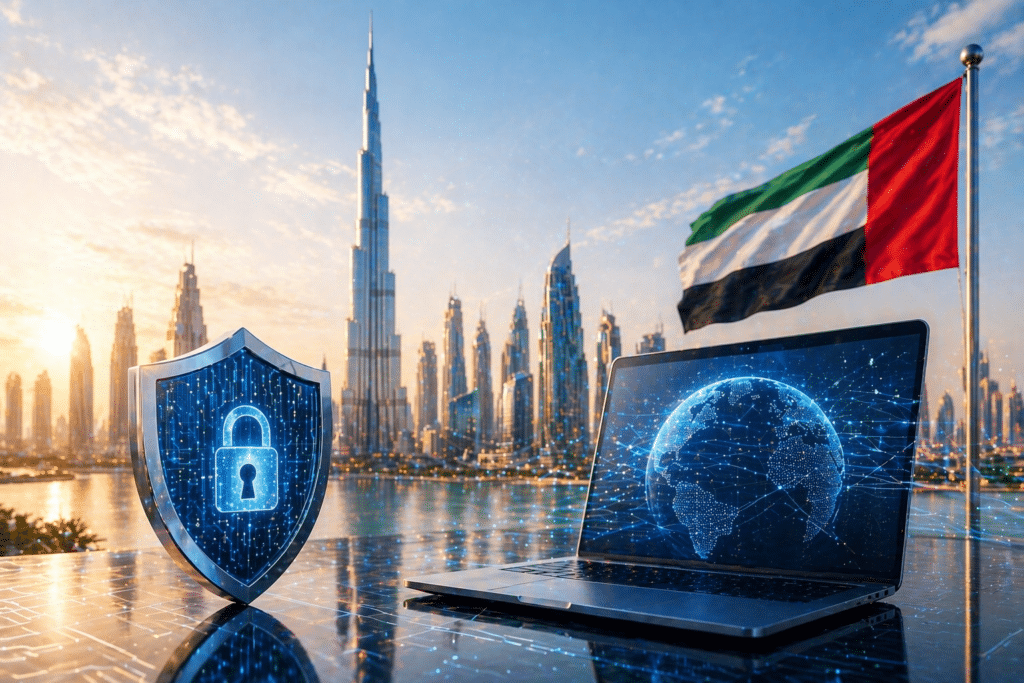 A laptop with a digital globe on the screen and a digital shield with a lock symbol in front of a city skyline and UAE flag.