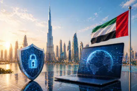 A laptop with a digital globe on the screen and a digital shield with a lock symbol in front of a city skyline and UAE flag.