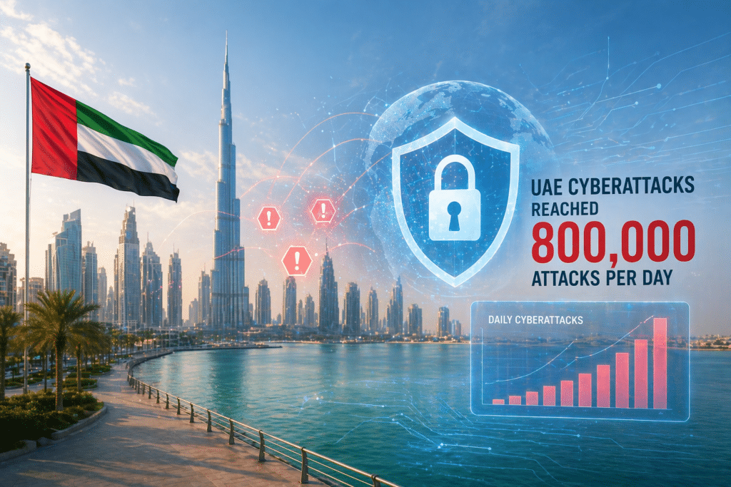 UAE cityscape with UAE Cyberattacks statistics overlay; the text reads "800,000 attacks per day."
