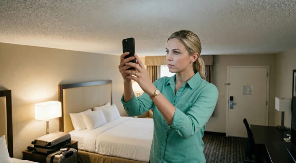 A woman in a green shirt takes a photo with her phone in a hotel room with a neatly made bed and suitcase.