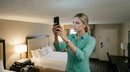 A woman in a green shirt takes a photo with her phone in a hotel room with a neatly made bed and suitcase.