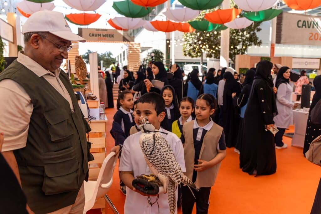 Boy holding a falcon at an outdoor event while an adult watches and schoolchildren gather under colorful hanging umbrellas