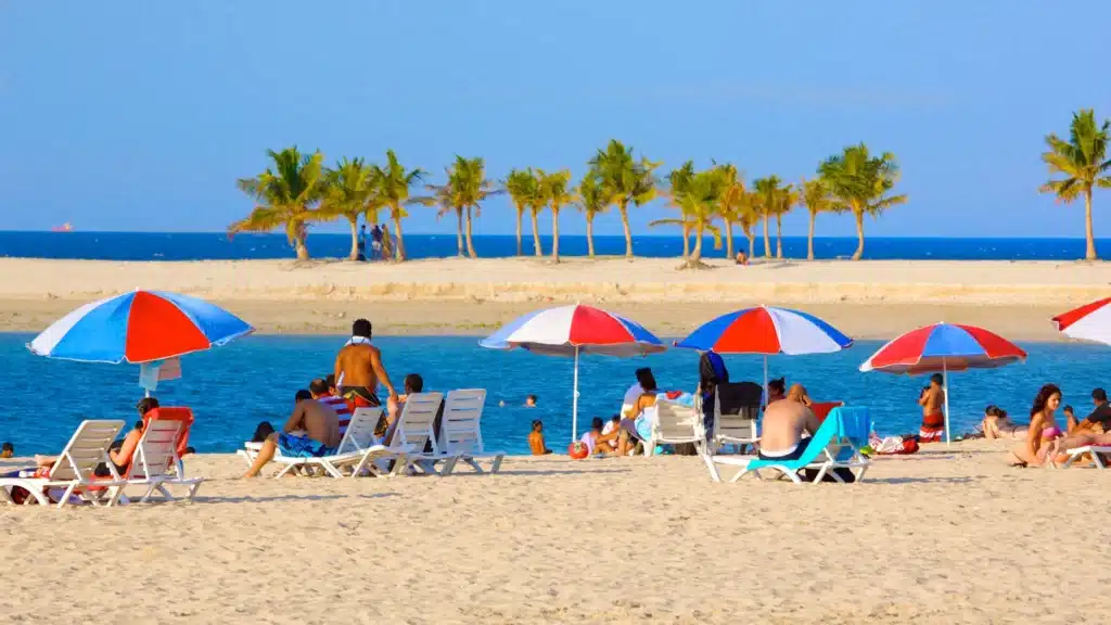 People relax on sun loungers under red and white umbrellas on a sandy beach, with palm trees and the sea in the background.