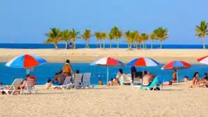 People relax on sun loungers under red and white umbrellas on a sandy beach, with palm trees and the sea in the background.