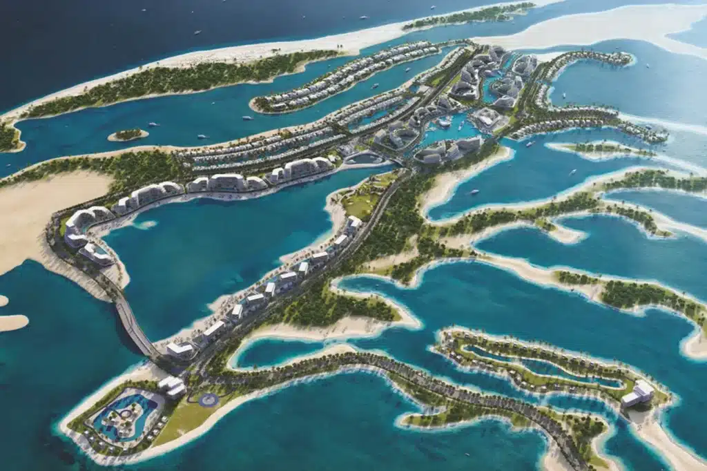 Aerial rendering of a luxury island resort with canals, villas, beaches, and turquoise lagoons