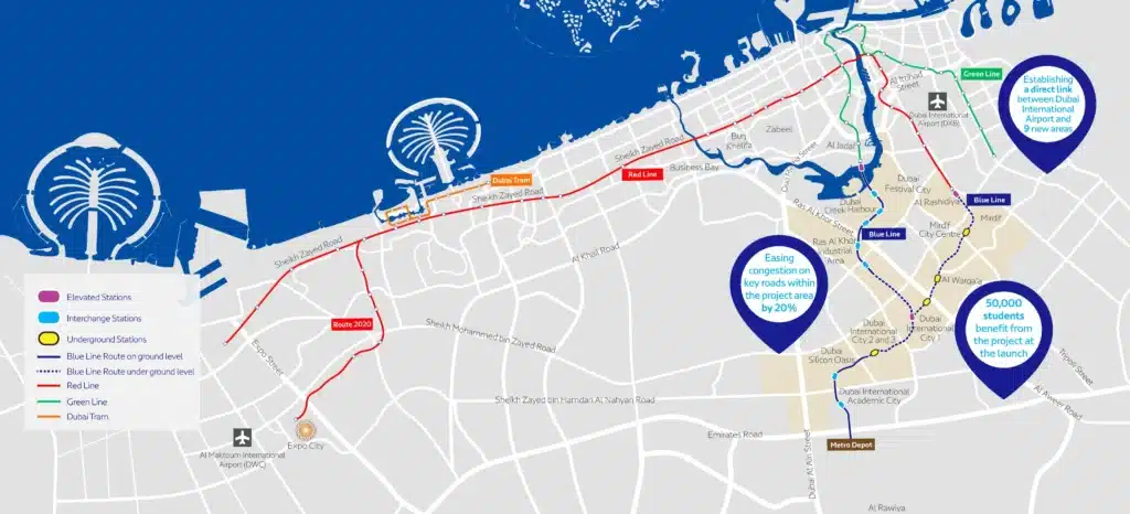 Map illustrating the Dubai Metro Blue Line transport network with red, blue, and green lines for different routes and highlighted stations.