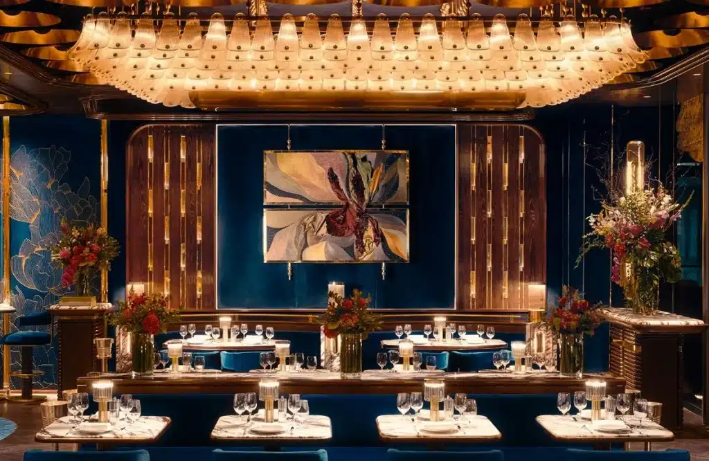 Elegant Isabel Mayfair Abu Dhabi restaurant interior with plush blue seating, white marble tables, a large chandelier, and a colorful abstract painting.