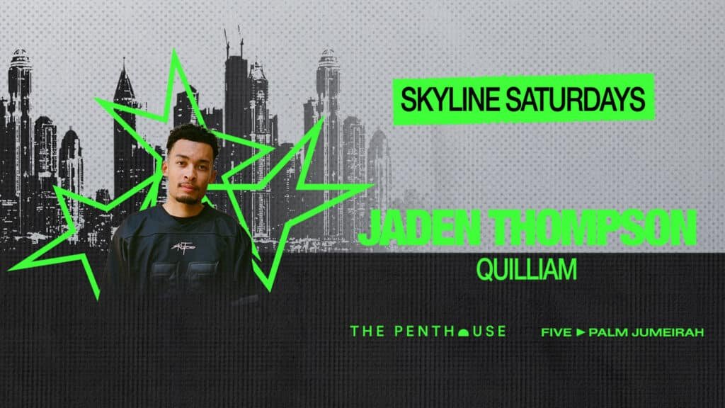 Promotional poster for Skyline Saturdays featuring Jaden Thompson and Quilliam with a city skyline in the background.