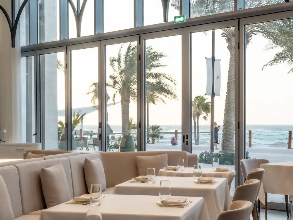 Upscale beachfront restaurant with set tables, beige seating, and large glass doors overlooking palm trees and the ocean