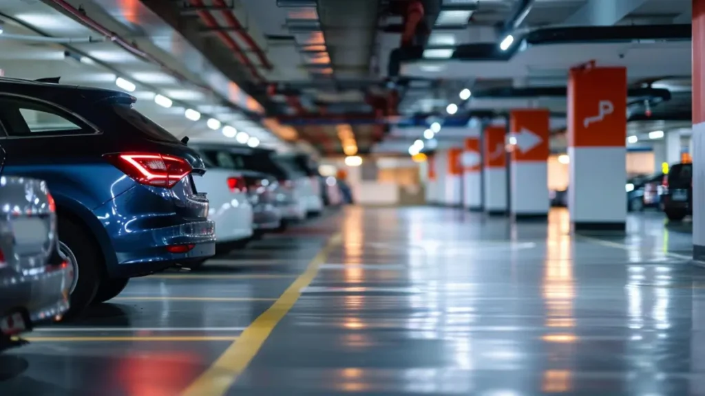Parkin Launches AI-Powered Parking at Dubai Mall, Dubai Hills Mall and Marina Mall Cars parked in a well-lit underground parking garage with orange and white directional signs.