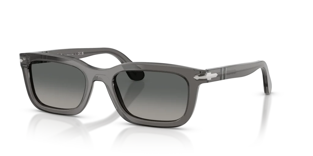 Gray translucent rectangular Persol PO3396S sunglasses with dark lenses and a glossy frame on a black background