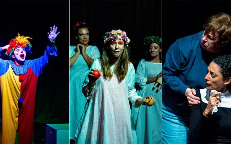 Performers in colorful costumes and dramatic makeup act on stage, each expressing different emotions.