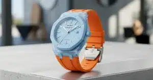 A colorful wristwatch with a light blue face and case, orange band, and visible date, displayed on a minimalist surface.