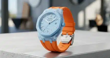 A colorful wristwatch with a light blue face and case, orange band, and visible date, displayed on a minimalist surface.