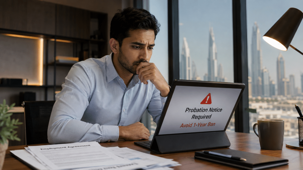 Concerned man at a desk reading a laptop screen with probation notice text and warning icon
