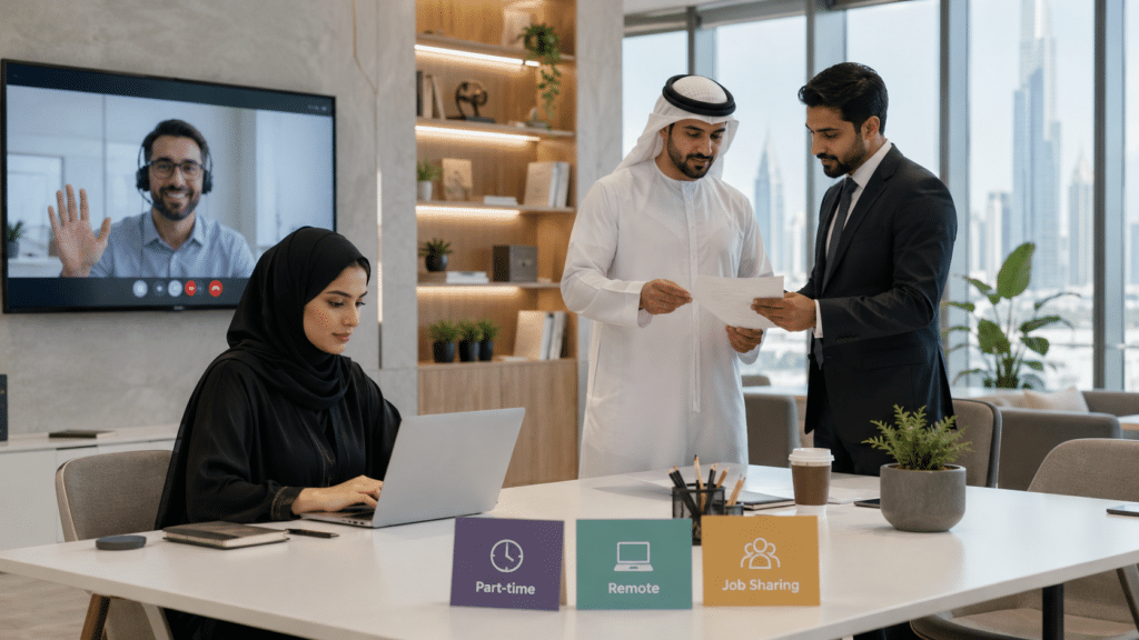 Business meeting in a modern office, with coworkers reviewing documents while one woman works on a laptop and a video call plays on a wall screen